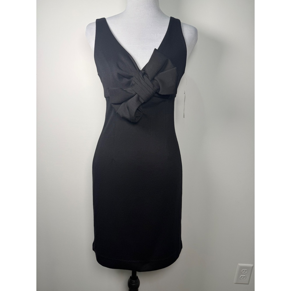 Allen B by Allen‎ Schwartz Black Bow V-Neck Sleeveless Sheath Cocktail Dress XS